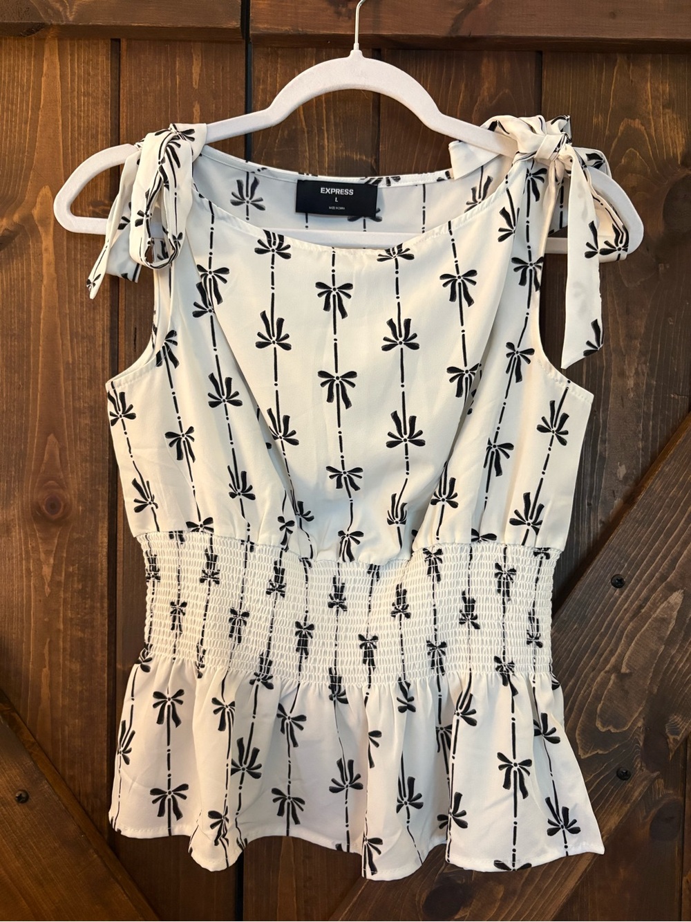 Express White & Black Printed Boat Neck Tie Shoulder Smocked Peplum Tank